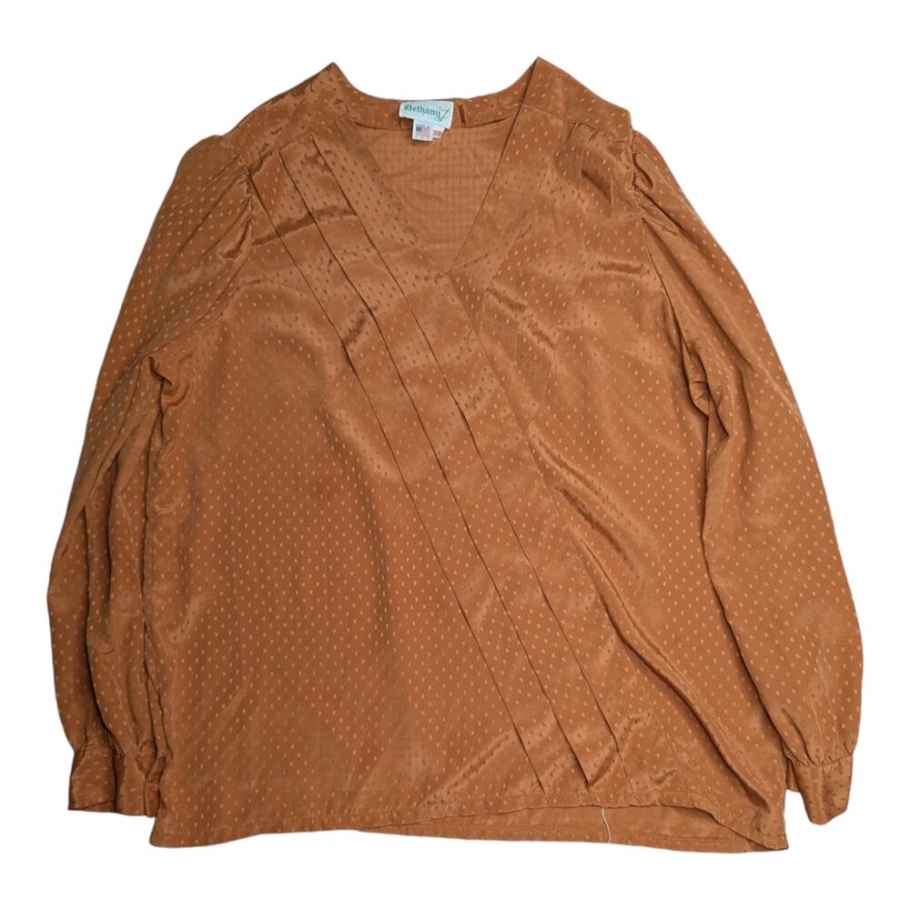 Vtg 1970s Bethany Burnt Orange Dot Textured Satin Pleated Detail Blouse 38 XL